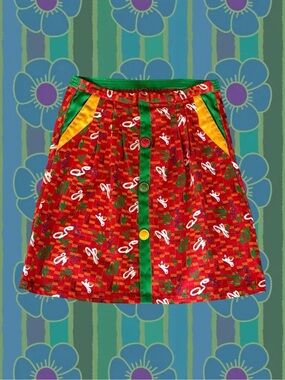 Vintage Red Button-Front Mini Skirt with Green & Yellow “Art” Accents